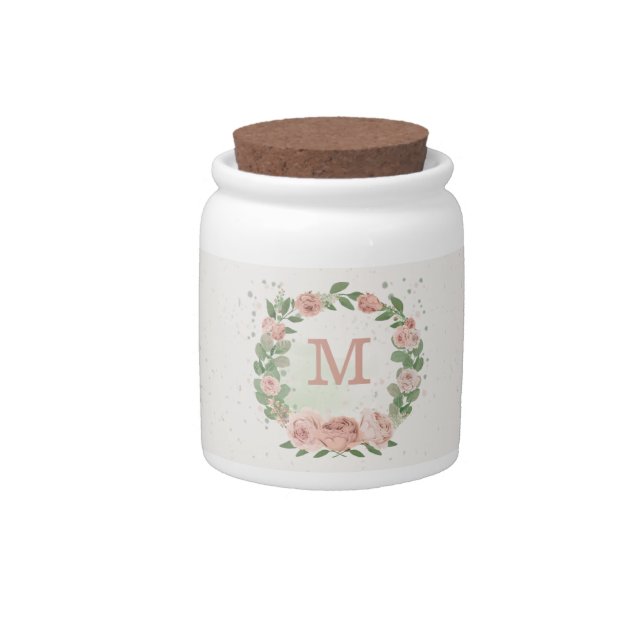 blush pink flowers greenery botanical wedding candy jar (Front)