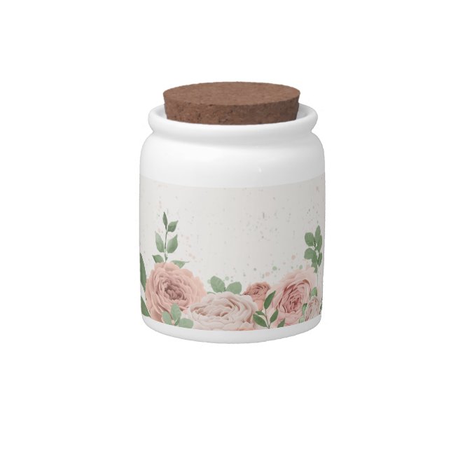 blush pink flowers greenery botanical wedding candy jar (Front)