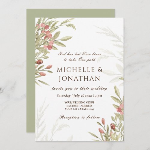 Blush Pink Flowers Greenery Christian Wedding Invitation