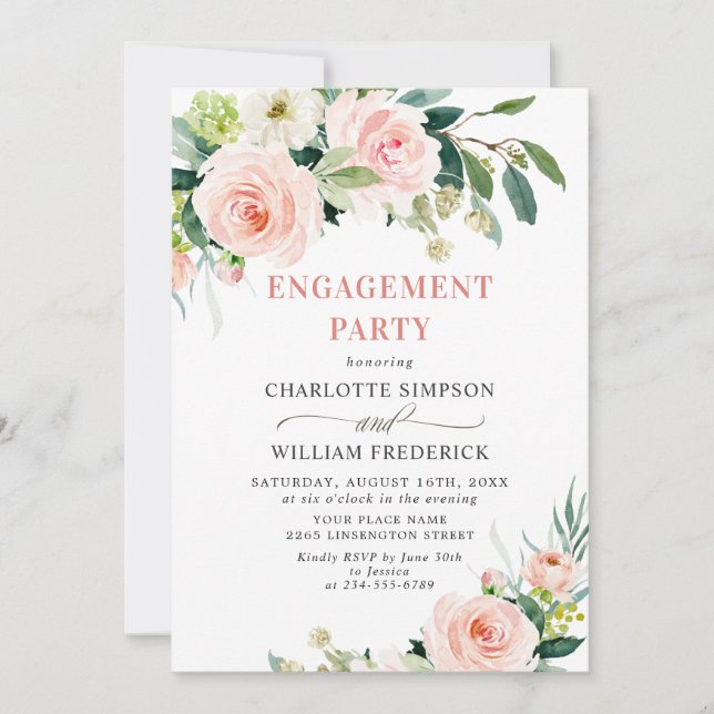 Blush Pink Flowers Greenery ENGAGEMENT PARTY Invitation (Front)