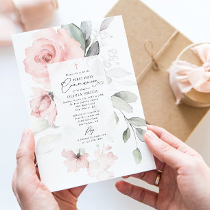 Blush Pink Flowers, Greenery, First Holy Communion Invitation