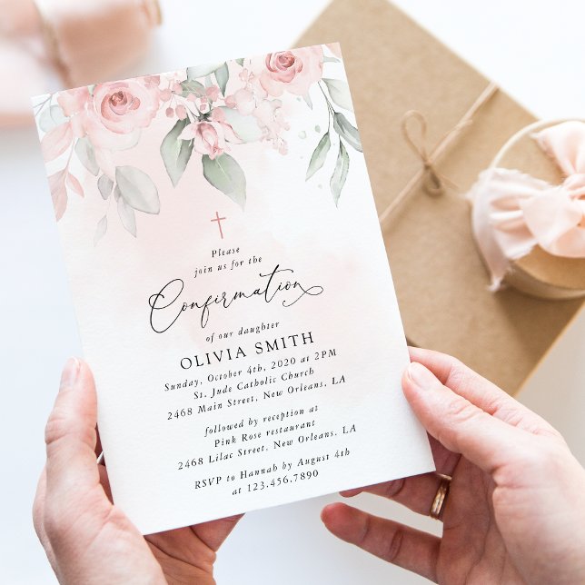 Blush Pink Flowers, Greenery, Floral Confirmation Invitation (Creator Uploaded)