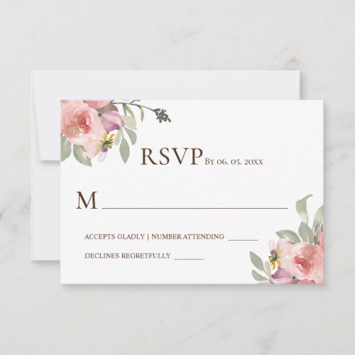 Blush Pink Flowers Greenery Floral Watercolor RSVP Card