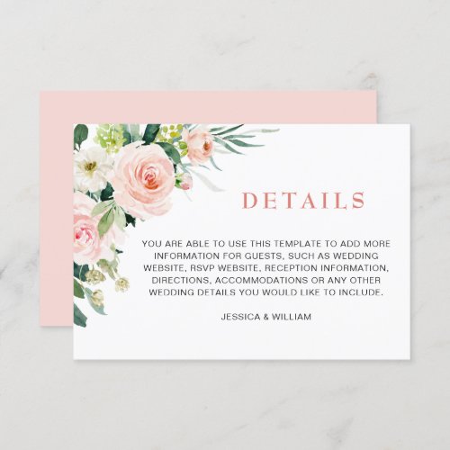 Blush Pink Flowers Greenery Floral Wedding Details Enclosure Card