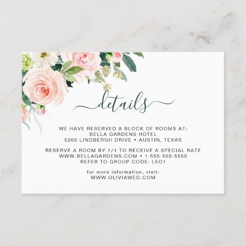 Blush Pink Flowers Greenery Floral Wedding Details Enclosure Card