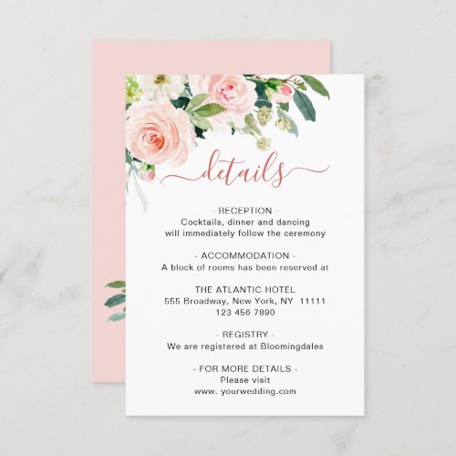 Blush Pink Flowers Greenery Floral Wedding Details Enclosure Card