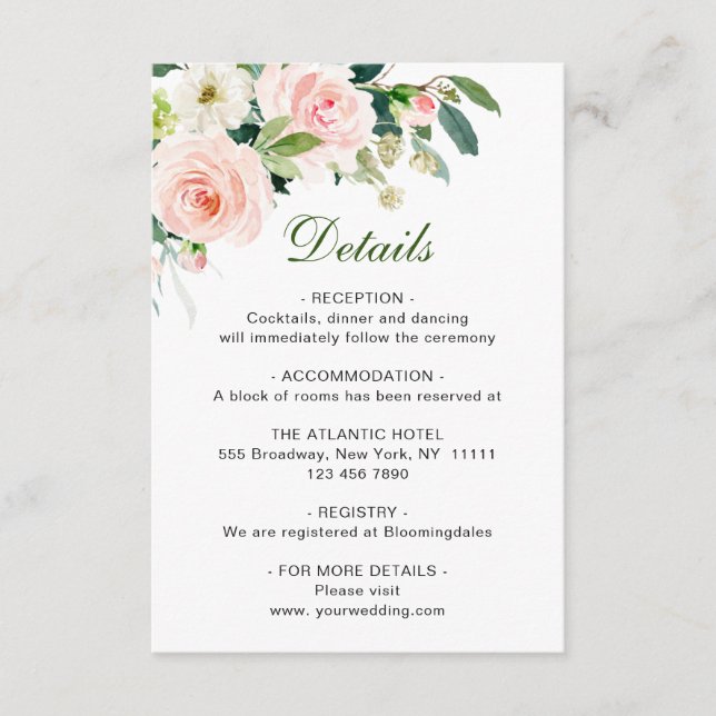 Blush Pink Flowers Greenery Floral Wedding Details Enclosure Card (Front)