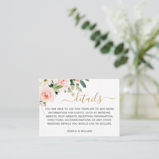 Blush Pink Flowers Greenery Floral Wedding Details Enclosure Card | Zazzle