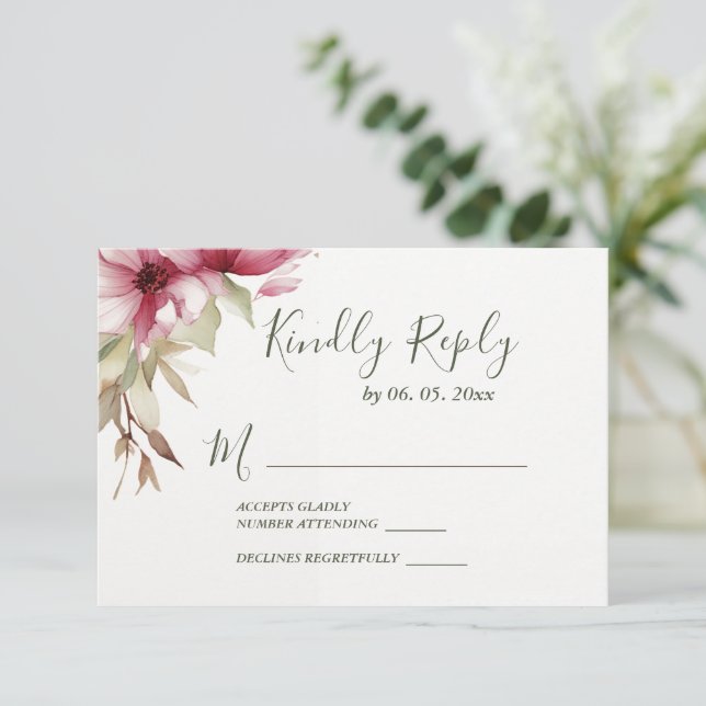 Blush Pink Flowers Greenery Floral Wedding RSVP Card (Standing Front)