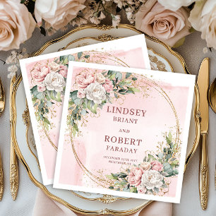 Blush Pink Flowers Greenery Gold Glitter Wedding  Napkins