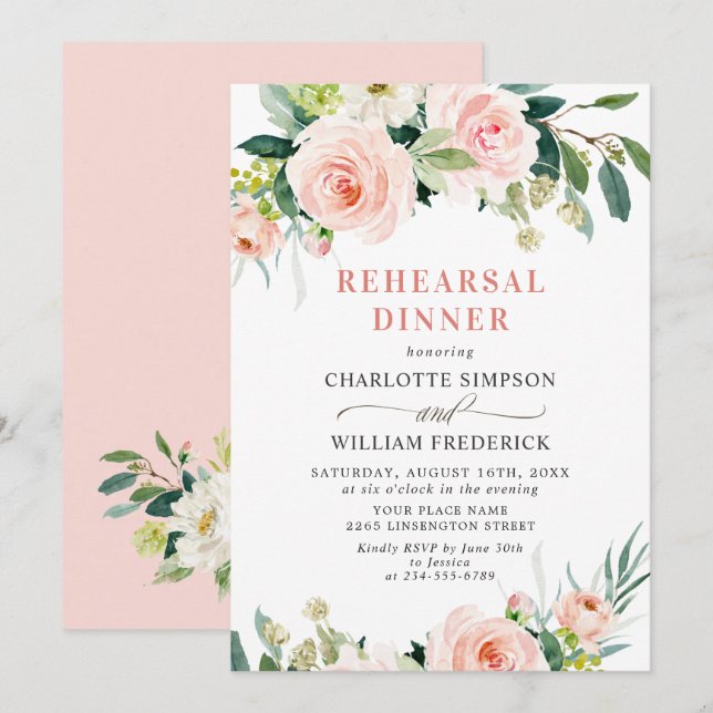 Blush Pink Flowers Greenery REHEARSAL DINNER Invitation (Front/Back)