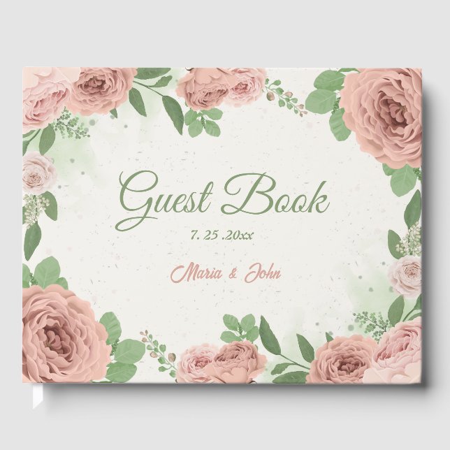 blush pink flowers greenery wedding guest book (Front)