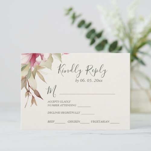 Blush Pink Flowers Greenery Wedding Meal Choices RSVP Card