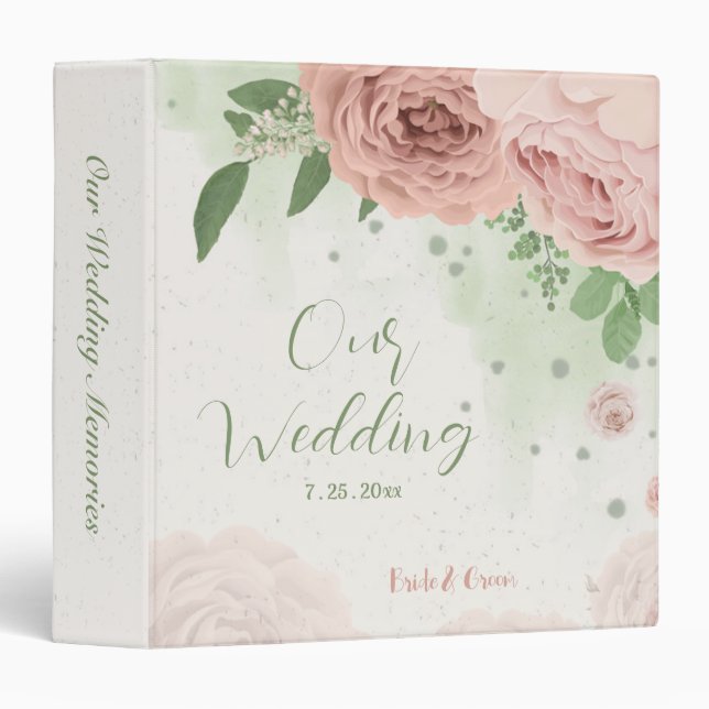 blush pink flowers greenery wedding photo album 3 ring binder (Front/Spine)