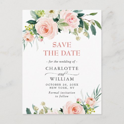 Blush Pink Flowers Greenery Wedding Save the Date Postcard