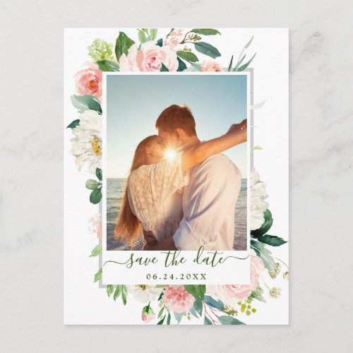 Blush Pink Flowers Greenery Wedding Save the Date Postcard