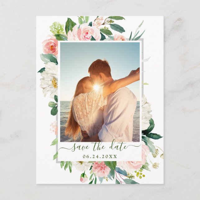 Blush Pink Flowers Greenery Wedding Save the Date Postcard (Front)