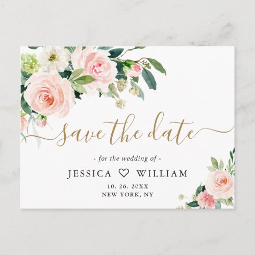 Blush Pink Flowers Greenery Wedding Save the Date Postcard