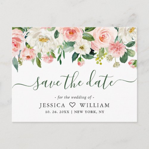 Blush Pink Flowers Greenery Wedding Save the Date Postcard
