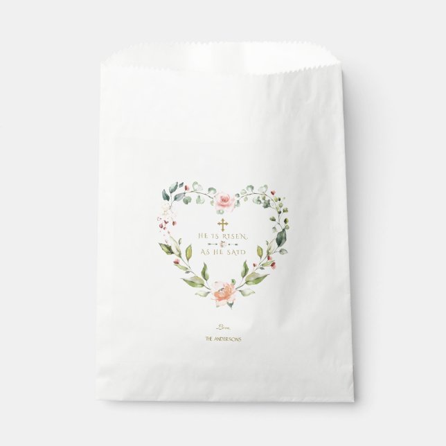 Blush Pink Flowers He Is Risen Gold Easter Favor Bag (Front)