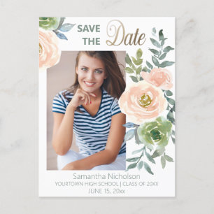 Blush Pink Flowers Leaves White Graduation Photo Postcard