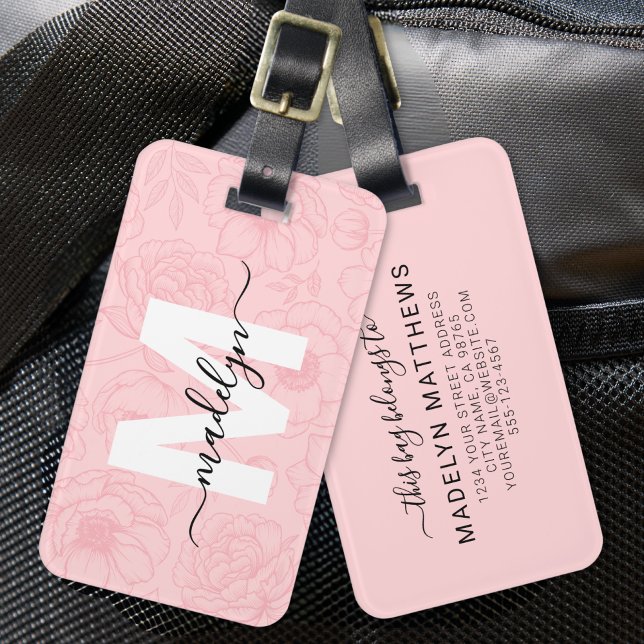 Blush Pink Flowers Monogram Name Luggage Tag (Blush Pink Girly Flowers Monogram Name Luggage Tag)