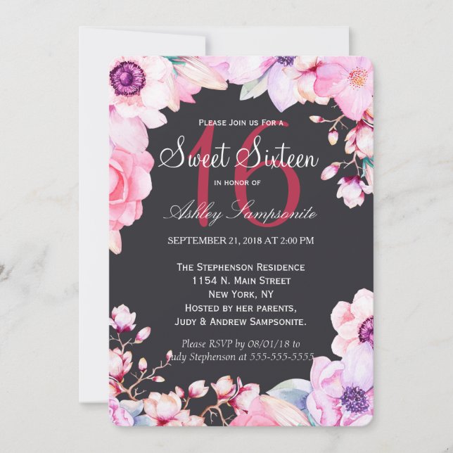 Blush Pink Flowers on Black Sweet 16 Invitations (Front)