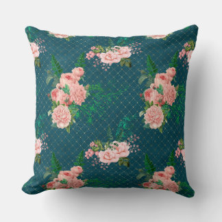 Blush Pink Flowers On Blue Throw Pillow