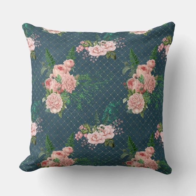 Blush Pink Flowers On Blue Throw Pillow (Front)