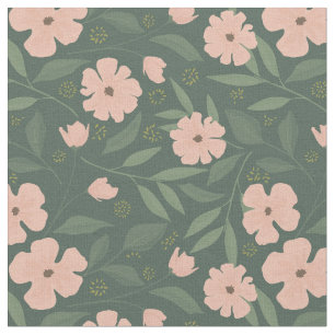 Blush Pink Flowers on Hunter Green Floral Pattern Fabric