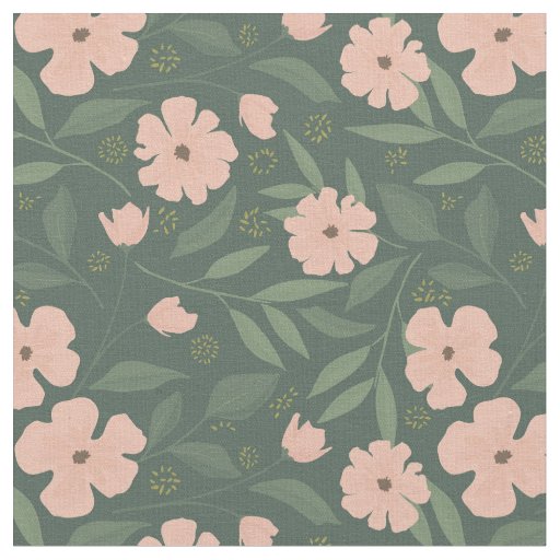 Blush Pink Flowers on Hunter Green Floral Pattern Fabric