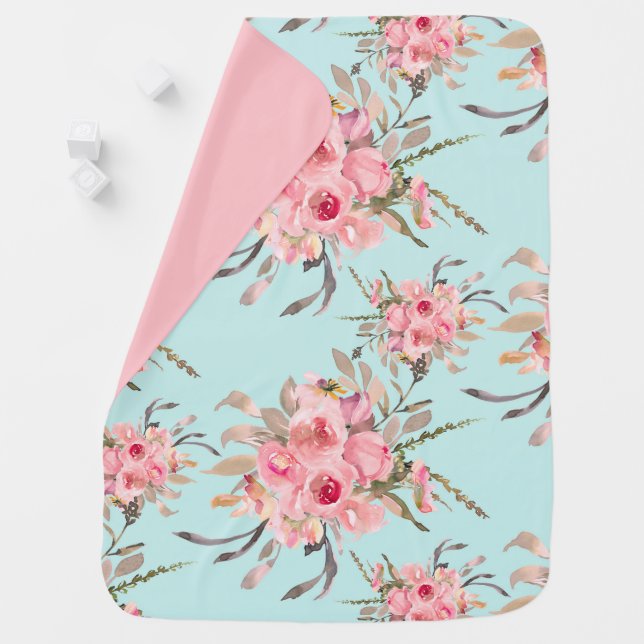 Blush Pink Flowers on Light Blue Baby Blanket (In Situ)