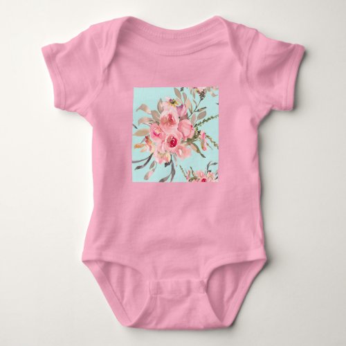 Blush Pink Flowers on Light Blue Baby Bodysuit