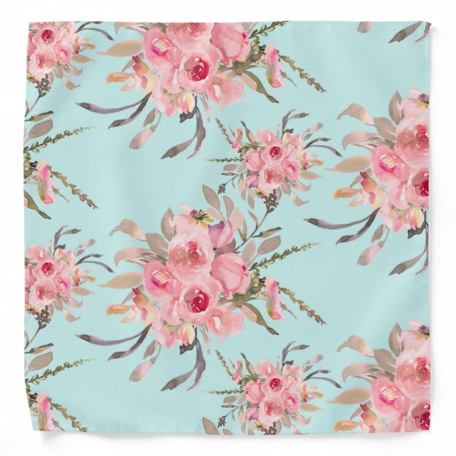 Blush Pink Flowers on Light Blue Bandana (Front)