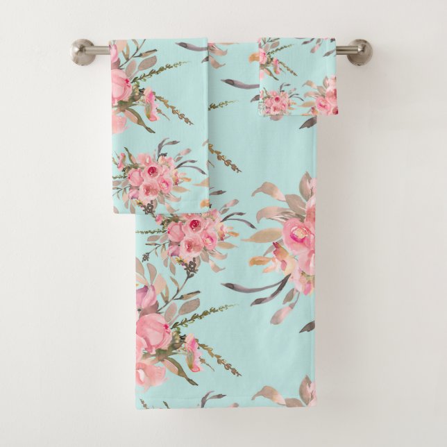 Blush Pink Flowers on Light Blue Bath Towel Set (Insitu)
