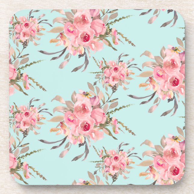 Blush Pink Flowers on Light Blue Beverage Coaster (Front)