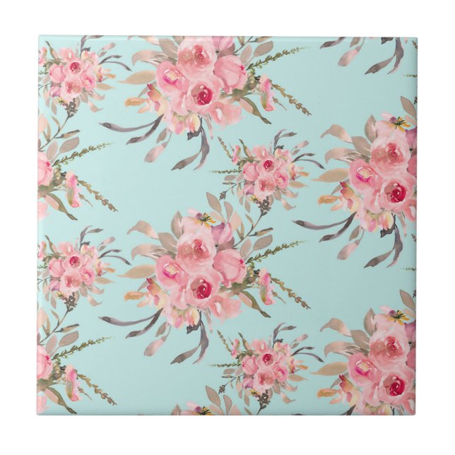 Blush Pink Flowers on Light Blue Ceramic Tile (Front)