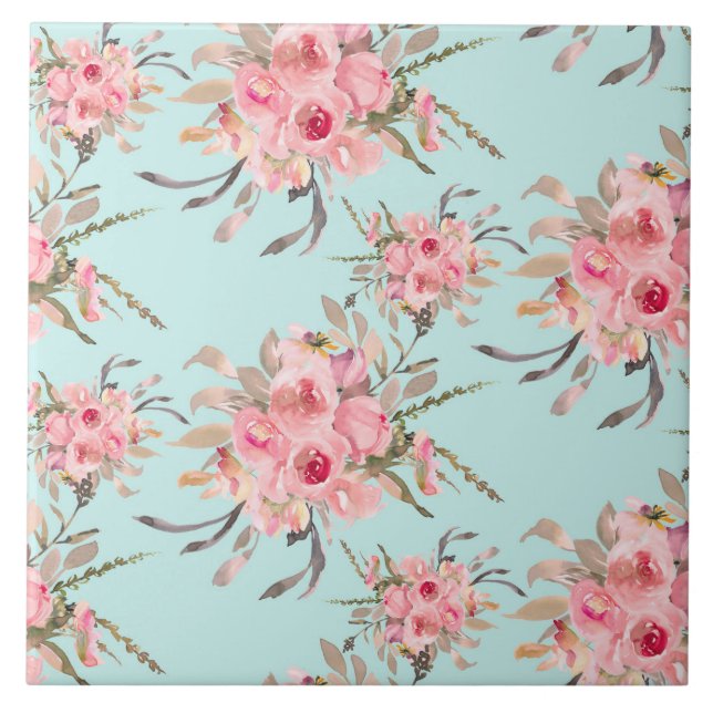 Blush Pink Flowers on Light Blue Ceramic Tile (Front)