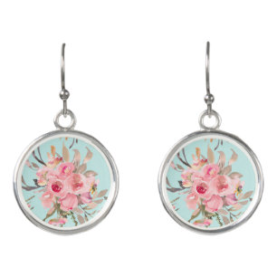 Blush Pink Flowers on Light Blue Earrings