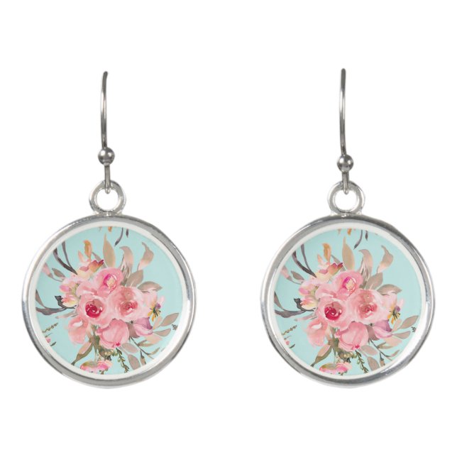 Blush Pink Flowers on Light Blue Earrings (Front)