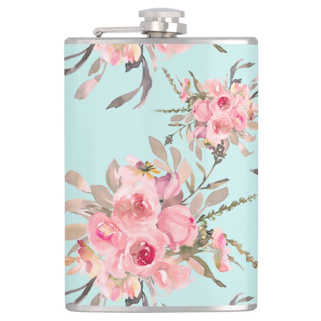 Blush Pink Flowers on Light Blue Flask (Front)