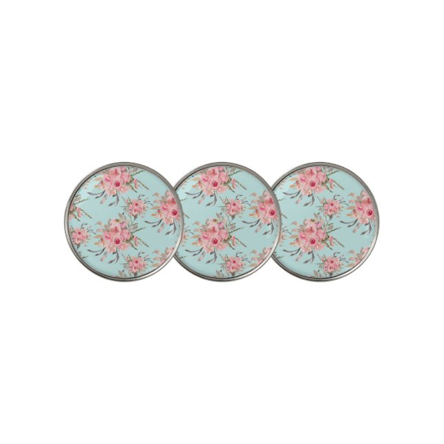 Blush Pink Flowers on Light Blue Golf Ball Marker (3 Up)