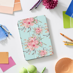 Blush Pink Flowers on Light Blue iPad Pro Cover