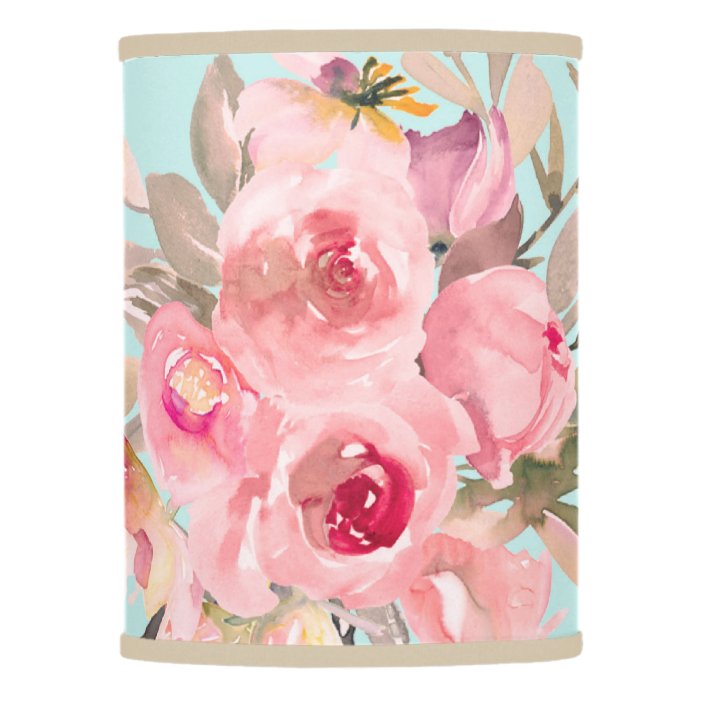 Blush Pink Flowers on Light Blue Lamp Shade