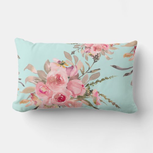 Blush Pink Flowers on Light Blue Lumbar Pillow