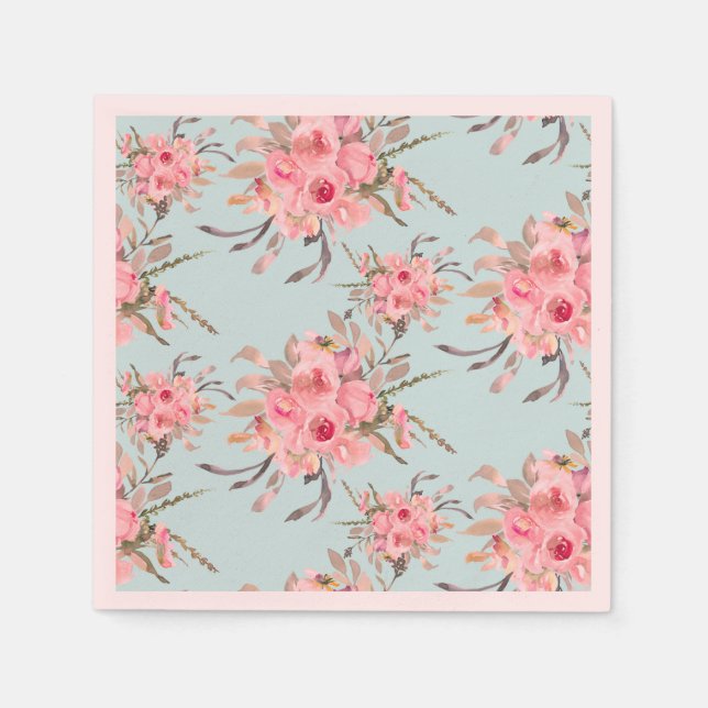 Blush Pink Flowers on Light Blue Napkins (Front)