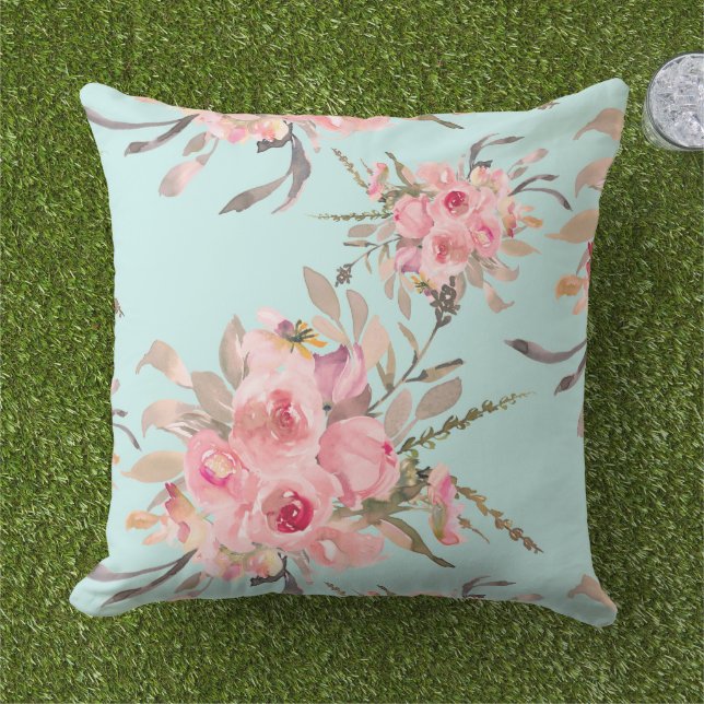 Blush Pink Flowers on Light Blue Outdoor Pillow (Grass)