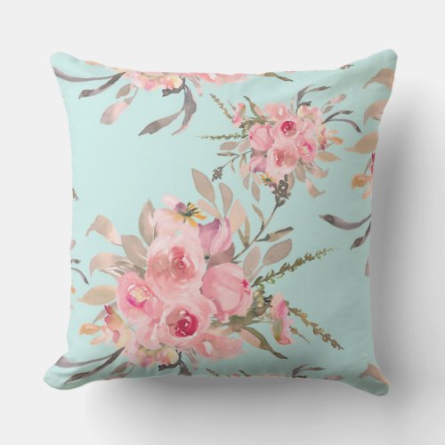 Blush Pink Flowers on Light Blue Outdoor Pillow