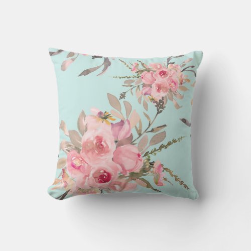 Blush Pink Flowers on Light Blue Outdoor Pillow