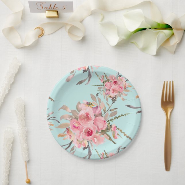 Blush Pink Flowers on Light Blue Paper Plates (Wedding)